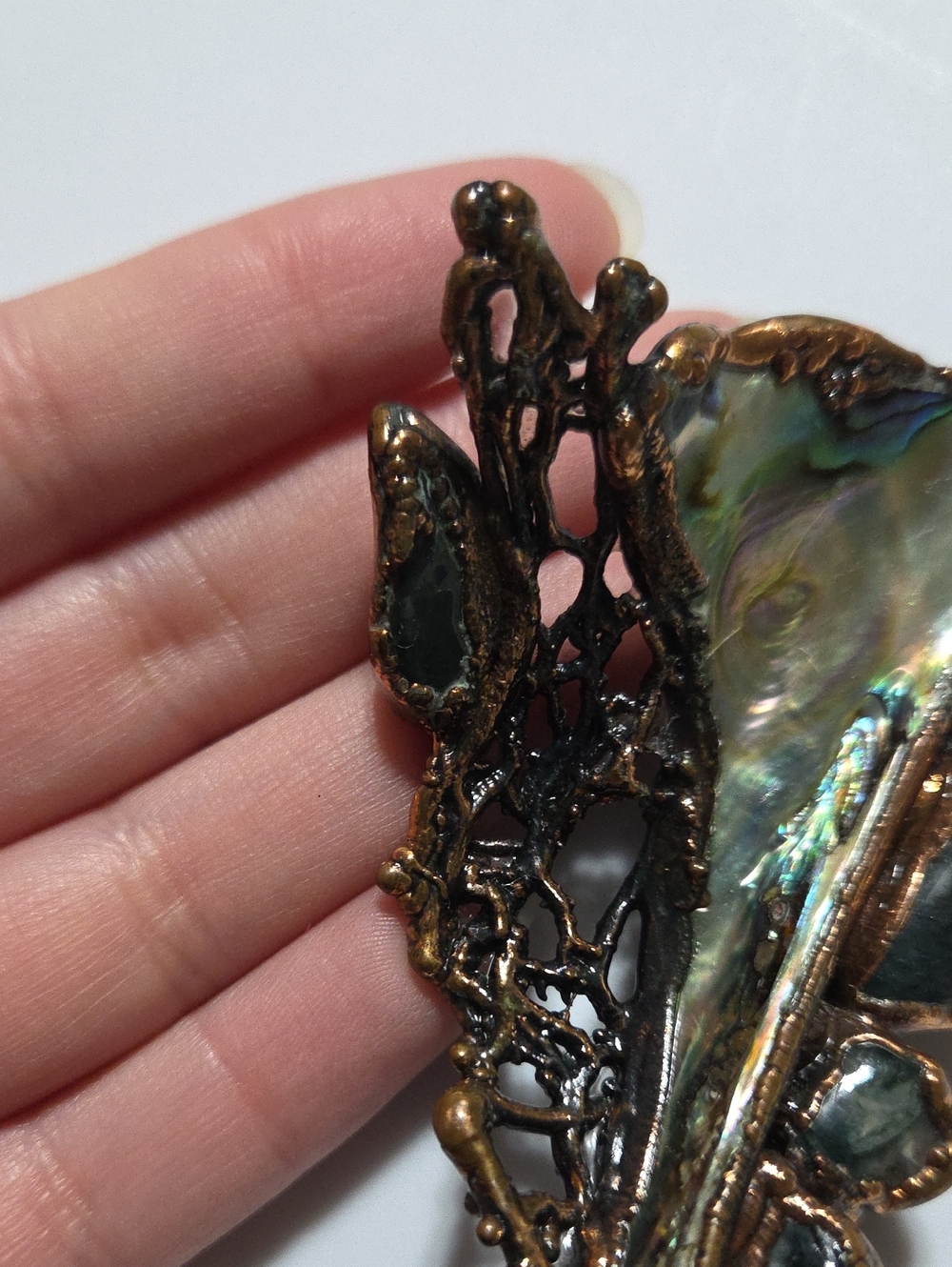 Vintage Large Chunky Abstract abalone Moss Agate Brooch Cooper? Unique statement - Picture 4 of 9